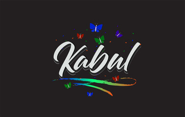 White Kabul Handwritten Vector Word Text with Butterflies and Colorful Swoosh.