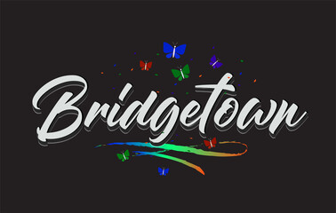 White Bridgetown Handwritten Vector Word Text with Butterflies and Colorful Swoosh. - obrazy, fototapety, plakaty
