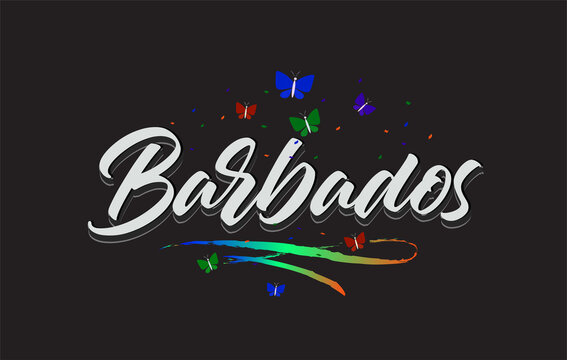 White Barbados Handwritten Vector Word Text with Butterflies and Colorful Swoosh.