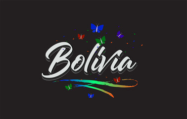 White Bolivia  Handwritten Vector Word Text with Butterflies and Colorful Swoosh.