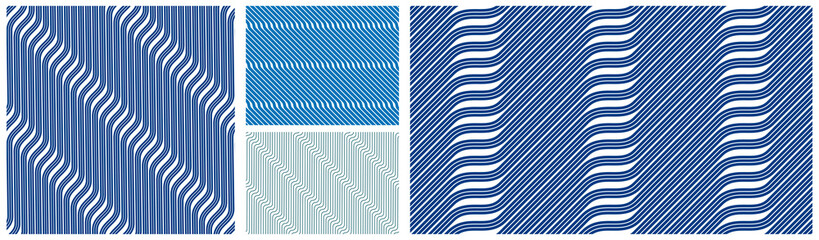 Geometric wavy lines seamless pattern vector set, 3D dimensional endless background wallpaper design image collection, stripy curved tillable texture.