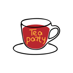 A cup of tea solves everything lettering quote. Optimistic calligraphic text on dark background with a silhouette. Warming inscription for card, mug, apparel, t shirt, bag.