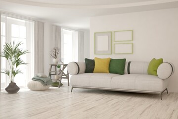 White living room with sofa. Scandinavian interior design. 3D illustration