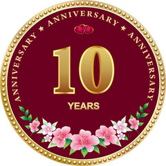 Anniversary 10 years, golden numbers and holiday inscription on red round background with floral pattern and hearts, celebration template, greeting card, flyer. 3d vector illustration