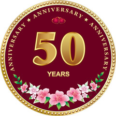 Anniversary 50 years, golden numbers and holiday inscription on red round background with floral pattern and hearts, celebration template, greeting card, flyer. 3d vector illustration