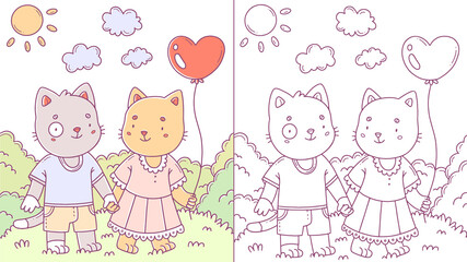 Children's cartoon coloring book with a couple of cats in love on a walk. Coloring page illustration.
