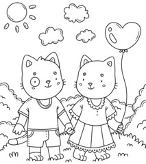 Children's coloring page with cute kittens in love. Coloring book with walking kittens. Design coloring illustration.