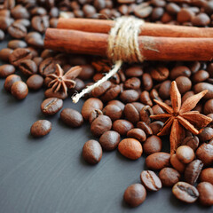 Coffee beans, cinnamon on a gray background.