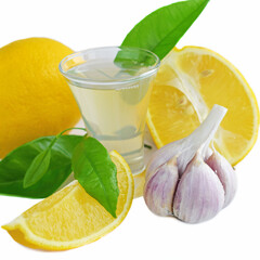 Fresh lemon and garlic on a white background.Useful products.Alternative medicine.
