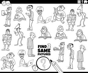 find two same cartoon men characters task coloring book page