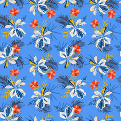 Summer and trendy tropical leaves ,palm and flowers tropic mood seamless pattern vector EPS10 ,Design for fashion , fabric, textile, wallpaper, cover, web , wrapping and all prints