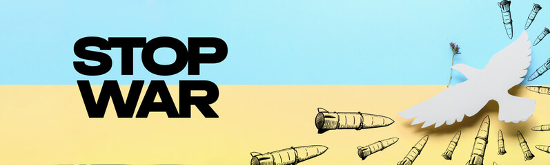 Paper dove and drawn missiles on color background. Stop war in Ukraine