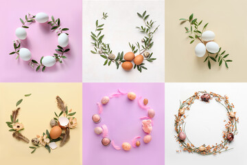 Collection of beautiful Easter eggs with decorations, top view