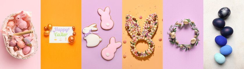 Collection of stylish Easter eggs with cookies and cake, top view