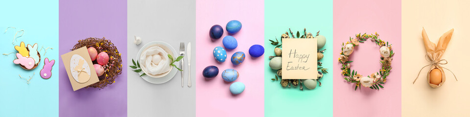 Collection of stylish Easter eggs with cookies and table setting, top view