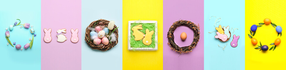 Collection of stylish Easter eggs with bunny cookies, top view