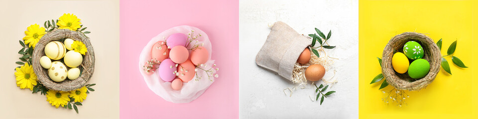 Collection of beautiful Easter eggs, top view