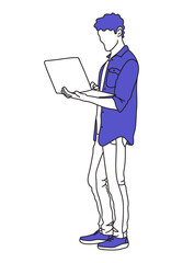 Man uses a laptop, holding it in his hands. Minimalism. Lin art and bright purple color. Vector graphic.