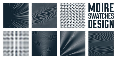 Moire vector abstract backgrounds set, linear contrast virtual digital effect images, hypnotic texture, optical art trendy modern style, black and white distorted grid. - obrazy, fototapety, plakaty