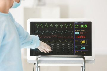 Doctor near modern heart rate monitor in operating room