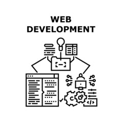 Web Development Vector Icon Concept. Programmer Coding And Developing Website, Html, Css And Java Script Language For Web Development. Interface Design And Adaptive Black Illustration