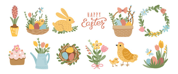 Happy Easter collection of cute illustrations, baskets with eggs, flowers, butterflies, bunny and chickens. Hand drawn elements. Vector set of flat easter symbols