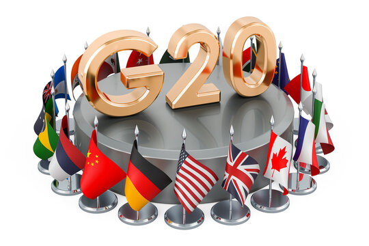 G20 Meeting Concept, Flags Of All Members G20. 3D Rendering