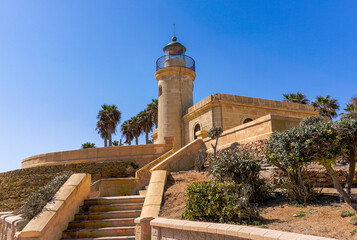 view of the Roquetas de Mar lighthouse on the coast of Andalusia