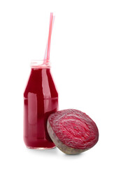 Bottle of healthy beet smoothie on white background