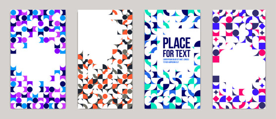 Backgrounds and cover templates vector set, abstract geometric designs, bright color compositions with copy spaces for text, complex modern art layout.
