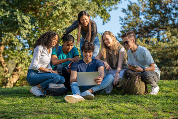 Group of teenage friends looking at laptop in the park on green grass