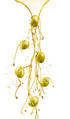 Green olives and oil wave splashing, isolated on white background