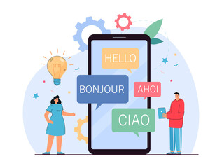 Fototapeta na wymiar Online translator app on phone screen flat vector illustration. Tiny people or foreigners using application for translating greeting phrases. Foreign language, international communication concept