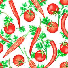 Seamless pattern.Tomatoes, hot pepper,parsley.Watercolor illustration.Isolated on a white background