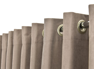 Modern brown drapes on the grommets. Eyelet curtains for home