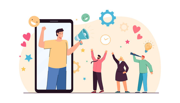 Blogger on phone screen attracting new followers. flat vector illustration. Man with loudspeaker promoting new products and services, engaging audience. SMM, influencer marketing concept