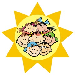 portrait of girls and boys, yellow circle background, sun shape, vector conceptual funny illustration, crowd od heads of happy kids