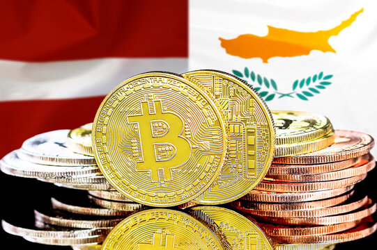 Bitcoins on Latvia and Cyprus flag background
