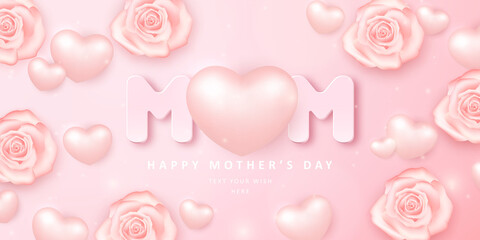 Happy mother's day botanic garden pink rose flower and 3D love heart