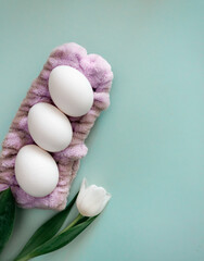 white eggs and a white tulip on a blue background