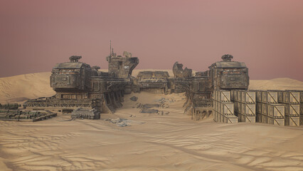 Abandoned alien outpost in a desert landscape. Sci-Fi fantasy concept 3D illustration.