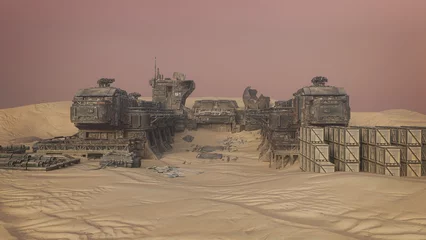 Acrylic prints Cappuccino Abandoned alien outpost in a desert landscape. Sci-Fi fantasy concept 3D illustration.