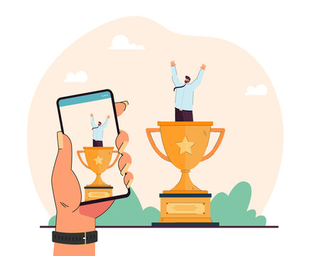 Hand with phone taking photo of tiny worker in huge trophy. Winner in big gold cup flat vector illustration. Success, victory, technology concept for banner, website design or landing web page