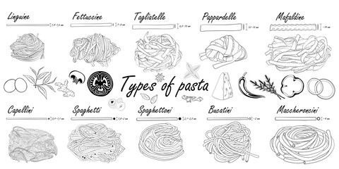 Types of pasta. Black and white. Long pasta difference, illustration example. - obrazy, fototapety, plakaty