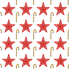 Red stars with candy christmas seamless pattern.