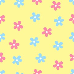 Seamless pattern blue and pink flowers, minimalistic doodles in pastel colors, simple illustrations of flowers on a light yellow background