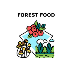 Forest Food Vector Icon Concept. Delicious Juicy Cranberry Berry And Natural Mushrooms Forest Food. Vitamin And Diet Organic Fruit And Nutrition From Fir-tree Wood Color Illustration