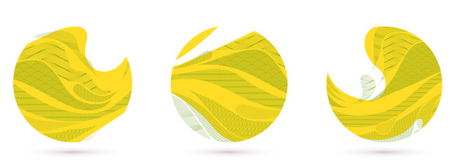 Nature art oriental Japanese style vector abstract backgrounds set in yellow color in a shape of circle, runny like water shapes and lines with textures.
