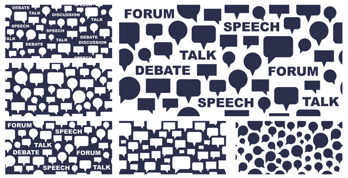 Speech bubbles seamless vector background set, endless pattern with dialog signs, talk and discussion theme, social media communication.