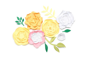 Beautiful handmade paper flowers on white background